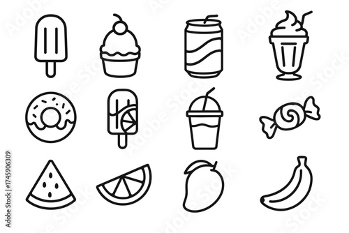 Black and white icon set of sweets and drinks: ice cream, soda, fruit, candy