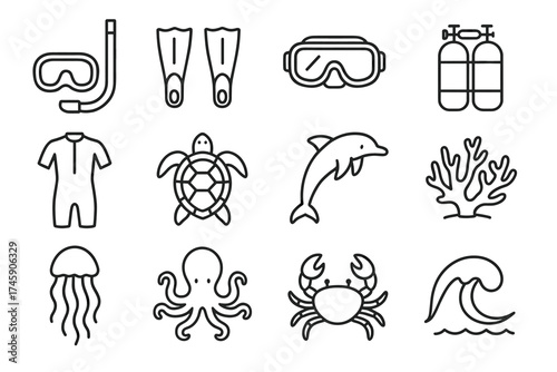 Ocean adventure icons: snorkeling gear, marine animals, and sea life elements