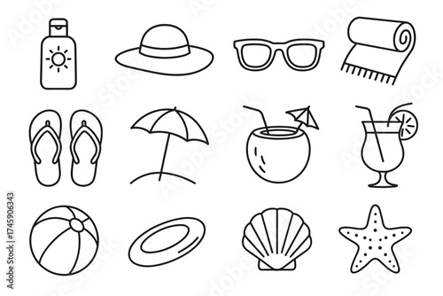 Summer beach essentials: hat, sunglasses, flip-flops, umbrella, coconut drink, shell, starfish