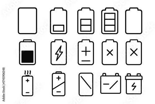 Collection of battery icons in various states and designs
