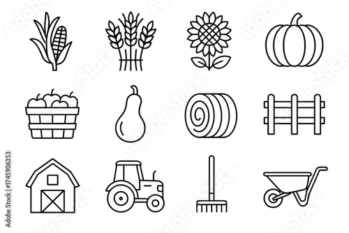 Farm outline icons: corn, wheat, sunflower, pumpkin, apple basket, gourd, hay, fence, barn, tractor, rake, wheelbarrow