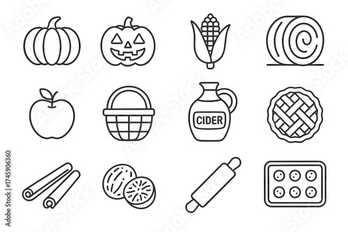 Autumn harvest icons: pumpkin, corn, apple, cider, pie, cinnamon, baking