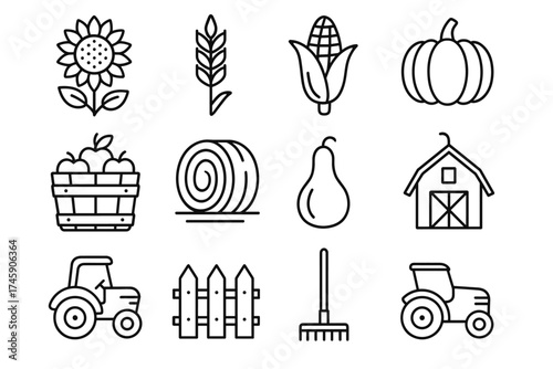 Farm symbols: sunflower, wheat, corn, pumpkin, apple basket, hay, pear, barn, tractor, fence, rake