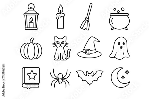 Halloween icons: lantern, candle, broom, cauldron, pumpkin, cat, hat, ghost, book, spider, bat, moon
