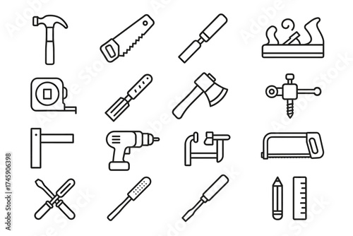 Collection of various hand tools in black and white line art style