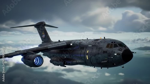 Military transport plane in flight during storm, with lightning striking in the cloudy sky. Suitable for commercial use