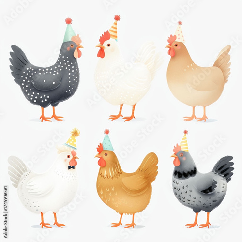Cheerful chickens celebrate life with colorful hats.