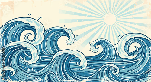 Stylized Vintage Ocean Waves Under a Radiant Sunburst Illustration