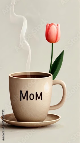 Steaming coffee cup with blooming tulip in ceramic mug for mother's day theme