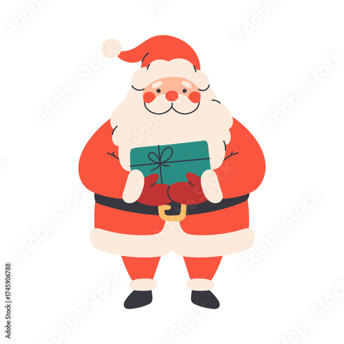 Cute funny Santa Claus character with Christmas gift. Flat vector illustration on white background