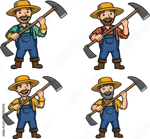Cartoon miner character set, pickaxe poses, rugged outfit variations, vector illustration for animation, mining design, labor mascot, stock image