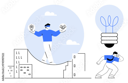 Person balancing on a half-pipe with lightbulb and handshake icons, representing innovation and teamwork. Urban buildings and large lightbulb in the background. Ideal for creativity, teamwork