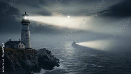 Wallpaper Mural bright lighthouse stands on rocky cliff overlooking dark wavy sea A full moon pierces heavy clouds while distant ship navigates misty waters with its spotlight Torontodigital.ca