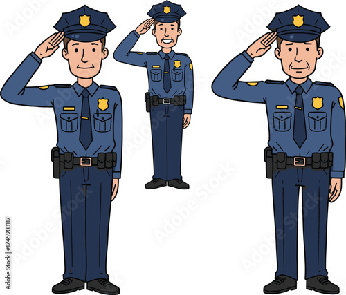 Cartoon police officer characters, saluting gesture, blue uniform, badge and belt gear, vector illustration for animation, law enforcement, stock image