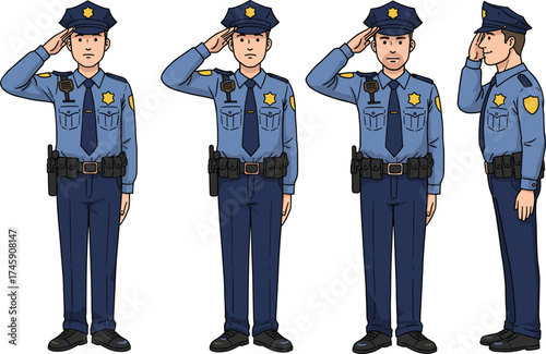 Cartoon police officer characters, saluting gesture, front and side views, blue uniform, badge and gear, vector illustration, law, stock image