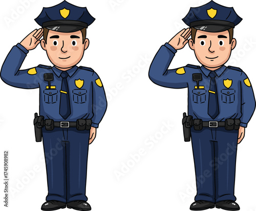 Cartoon police officer characters, saluting gesture, mirrored pose, blue uniform, badge and belt gear, vector illustration, law, patrol, stock image
