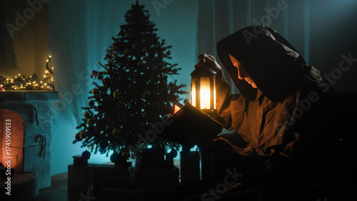 Mysterious Hooded Man Reads A Book Silhouette In Front Of Christmas Tree