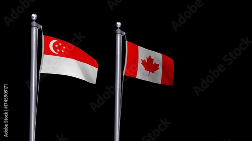 Transparent animated flags of Singapore and Canada waving together, representing international trade, education partnerships, and diplomatic cooperation between two developed nations.