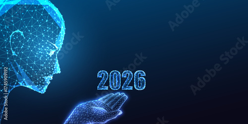 AI face holding 2026 in hand, artificial intelligence and future innovation vector illustration