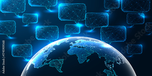 Global communication and digital speech bubble network around glowing Earth, vector