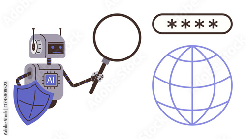 AI robot holding magnifying glass, shield labeled AI beside password field and globe. Ideal for cybersecurity, technology, AI, digital security, online safety, global tech innovation. Simple flat