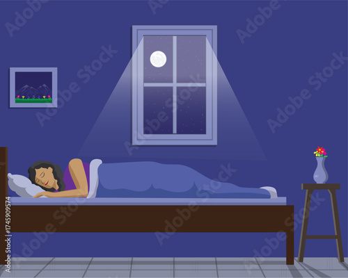 Vector illustration design of a woman sleeping in bed at night near the window and the moon and stars are visible. There is also a flower vase and a painting on the wall.