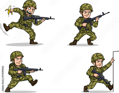 Cartoon soldier character set, rifle poses, tactical actions, banana peel slip, camouflage uniform, vector illustration for animation, combat, stock