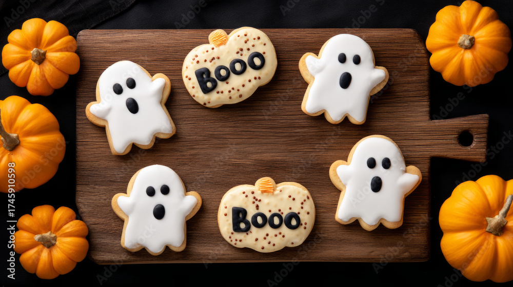 Fototapeta premium Halloween ghost and pumpkin cookies on wooden board - festive dessert arrangement for celebrations