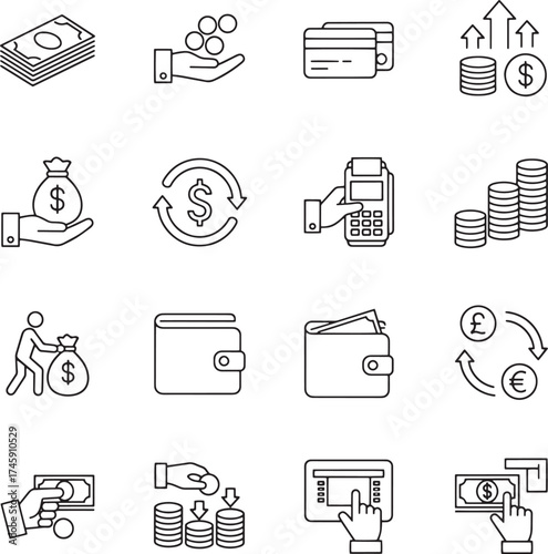Financial transactions and currency exchange icons money coins