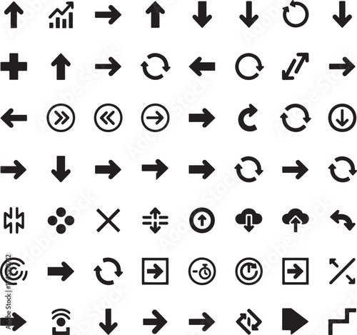 Collection of various black directional and action icons arrow symbol