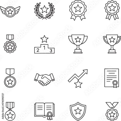 Award symbols including medals trophies and certificates trophy star