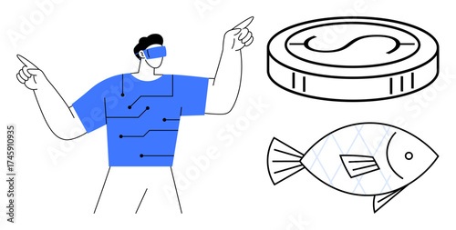 Man interacting with virtual reality wearing blue tech outfit, pointing at coin and fish elements. Ideal for technology, virtual reality, fintech, sustainability, innovation, gaming, simple flat