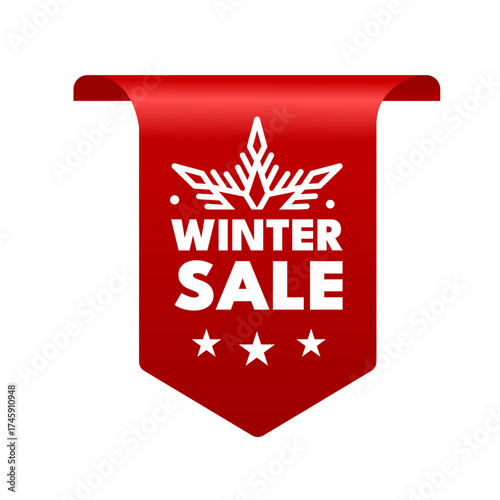 Winter sale red ribbon, sticker,  tag with snowflake - vector illustration