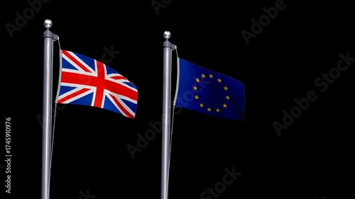 Transparent animated flags of the UK and the EU symbolizing Brexit, political negotiations, and European trade discussions.