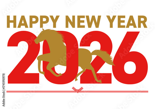 2026年と午年をイメージした数字をくぐるシルエットの午とhappy new yearの挨拶が書かれたイラスト
