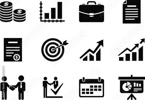Professional set of black vector icons representing business growth, analytics, teamwork, and financial success. Suitable for presentations, marketing, and corporate branding projects.