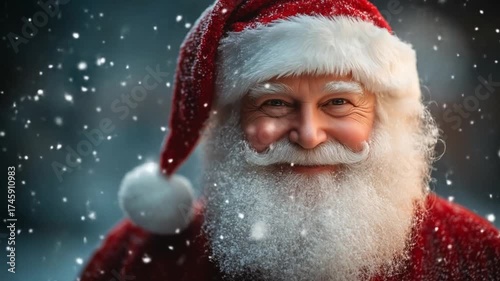 A smiling Santa Claus against a backdrop of softly falling snowflakes. The magic of Christmas, Santa in his red suit and hat. Happy New Year and Merry Christmas! Happy Santa Claus