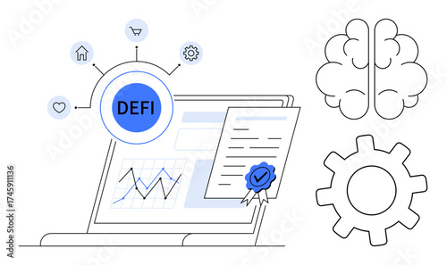 Laptop displaying financial chart and certified smart contract, surrounded by decentralized finance elements. Ideal for blockchain, fintech, innovation, finance, technology, automation, digital