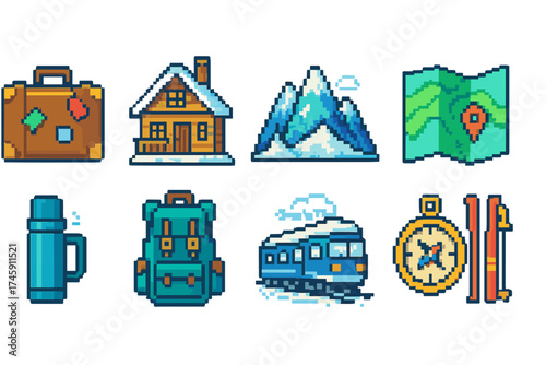 Travel and adventure pixel art icon set. explore and vacation pixel design collection.