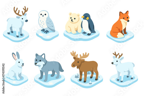 Winter animals icon set. cute arctic wildlife icons in 3d style for seasonal designs