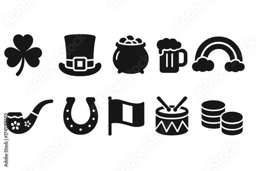 St. patrick's day silhouette icon set. festive irish symbols and celebration designs.