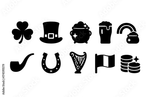 St. patrick's day silhouette icon set. irish symbols festive collection.