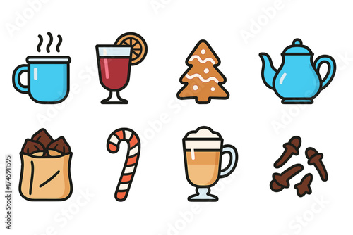 Winter drinks flat icon set. hot beverages and festive treats in flat style.