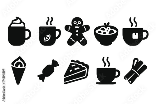 Winter drinks and desserts silhouette icon set. cozy treats and beverages collection.