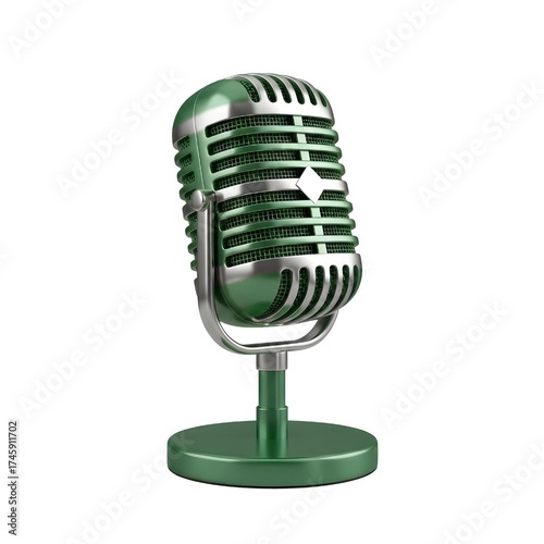 Vintage green microphone icon design in 3D rendering, 3D illustration isolated on white background