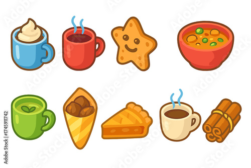 Food and beverage icon set. cartoon style collection for cafes and menus.