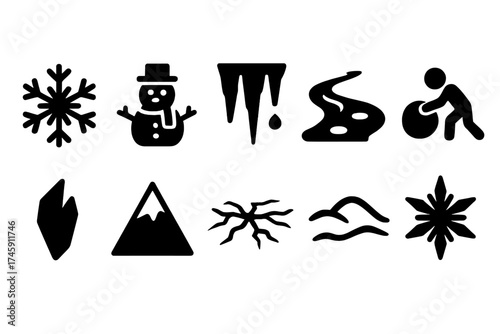 Winter fun silhouette icon set. snowy weather, snowman, snowflakes, icicles icons