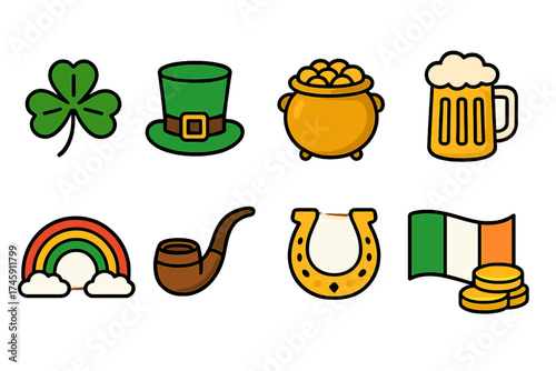 St. patrick's day flat icon set: irish symbols, clover, beer, and rainbow graphics