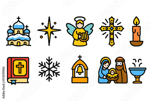 Christmas and religious flat icon set: church, cross, nativity, angel, candle, bible