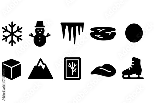 Winter silhouette icon set. snow, ice, skating, and holiday silhouette collection